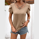 Trendsi Women's Casual V-Neck Vacation Shirt in Beige with Crisscross Design and Short Sleeves
