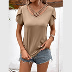 Trendsi Women's Casual V-Neck Vacation Shirt in Beige with Crisscross Design and Short Sleeves