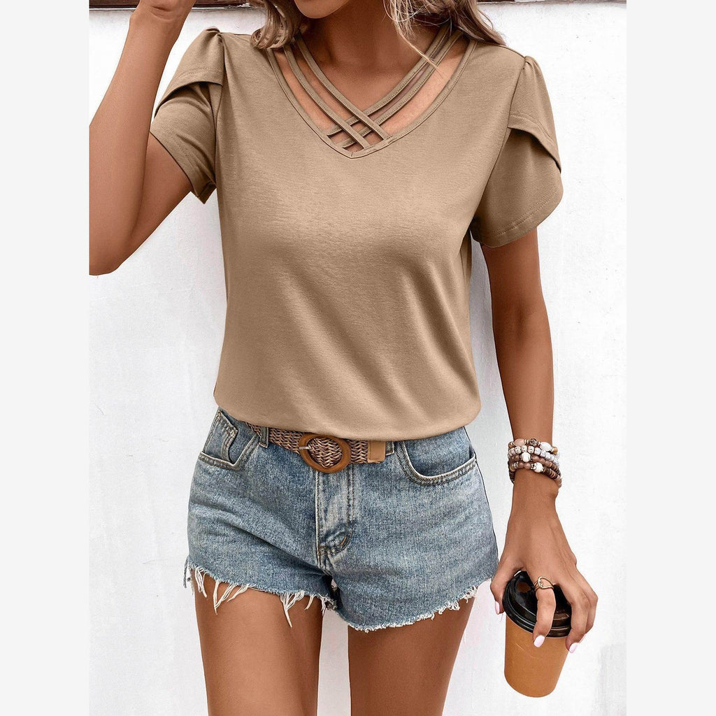 Trendsi women's casual v-neck vacation shirt with stylish shoulder details and relaxed fit