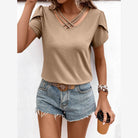 Trendsi women's casual v-neck vacation shirt with stylish shoulder details and relaxed fit