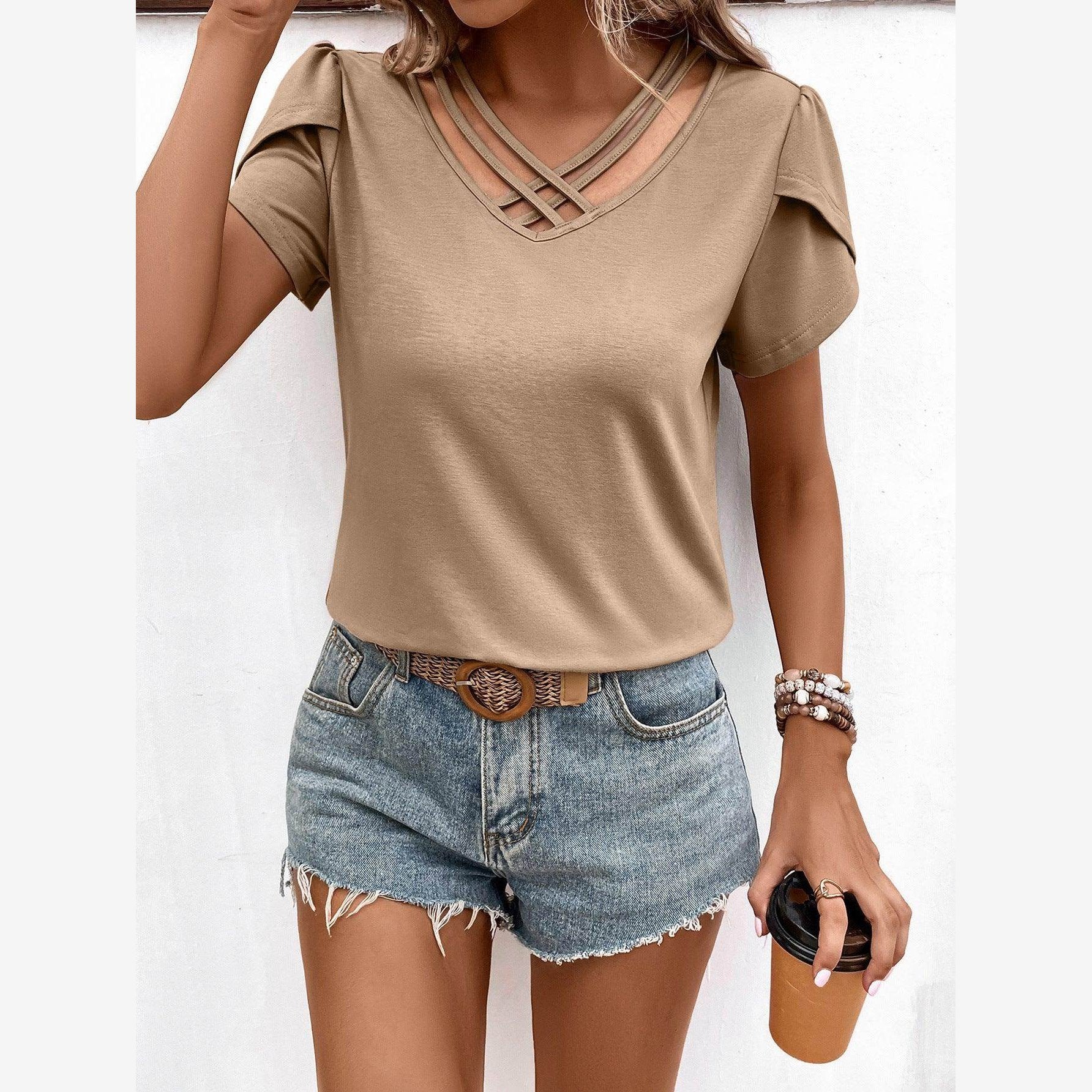 Trendsi women's casual v-neck vacation shirt with stylish shoulder details and relaxed fit