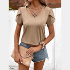 Trendsi casual v-neck vacation shirt in beige with stylish crisscross neckline and short sleeves