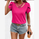 Trendsi Women's Casual V-Neck Vacation Shirt in Pink with stylish crisscross design and short sleeves