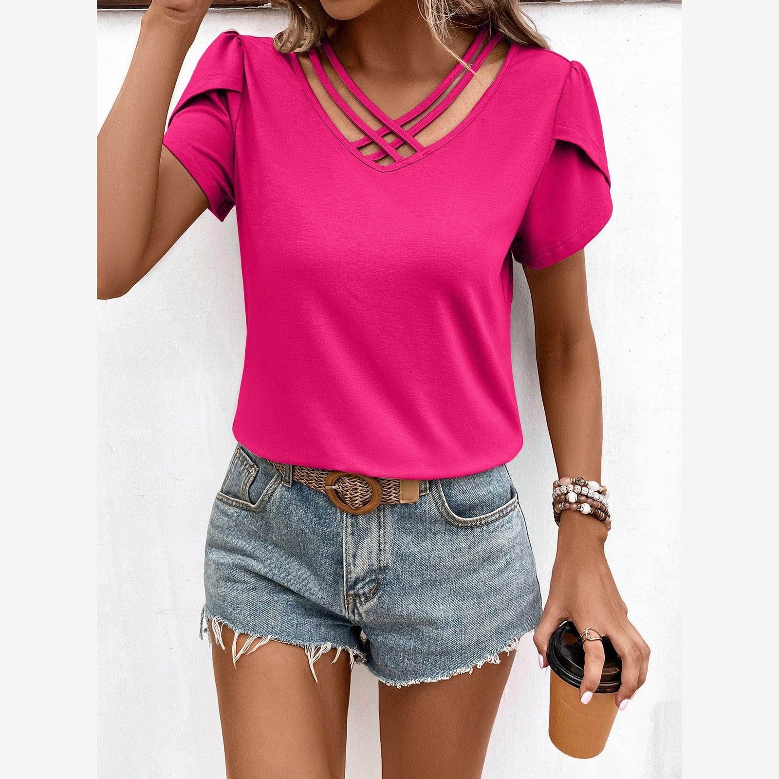 Trendsi Women's Casual V-Neck Vacation Shirt in Pink with stylish crisscross design and short sleeves