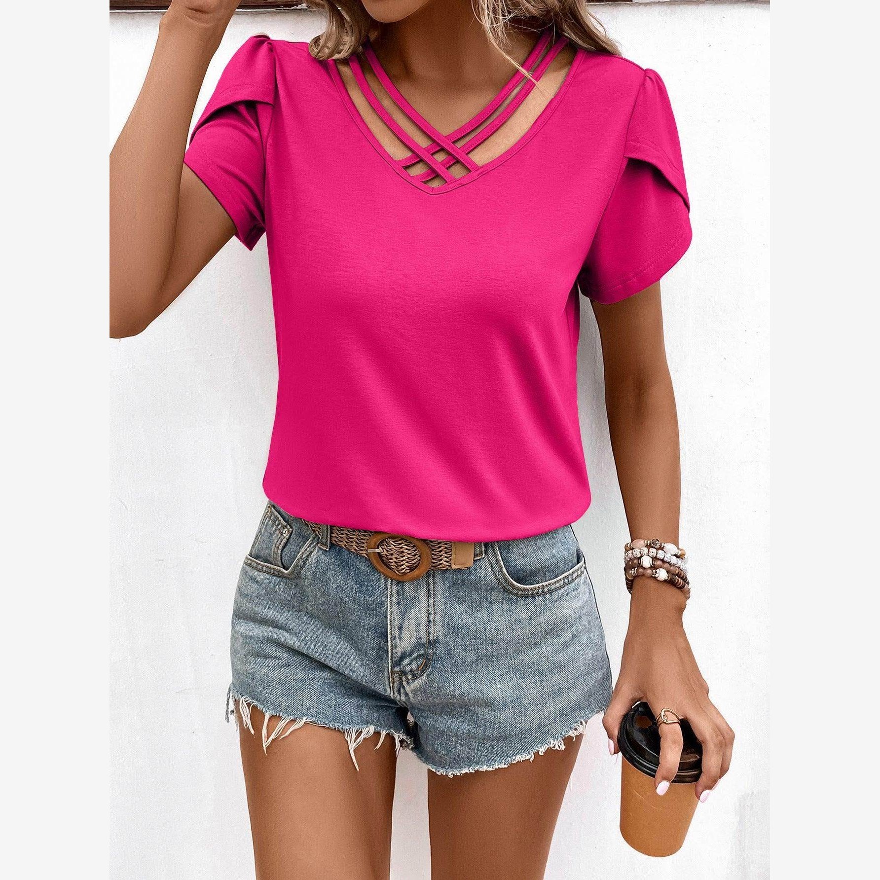 Trendsi Women's Casual V-Neck Vacation Shirt in Pink with stylish crisscross design and short sleeves