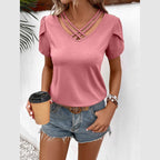 Trendsi women's casual v-neck vacation shirt in pink with stylish crisscross design