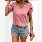 Trendsi women's casual v-neck vacation shirt in pink with stylish cross strap detail