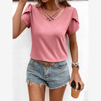 Trendsi women's casual v-neck vacation shirt in pink with stylish cross strap detail