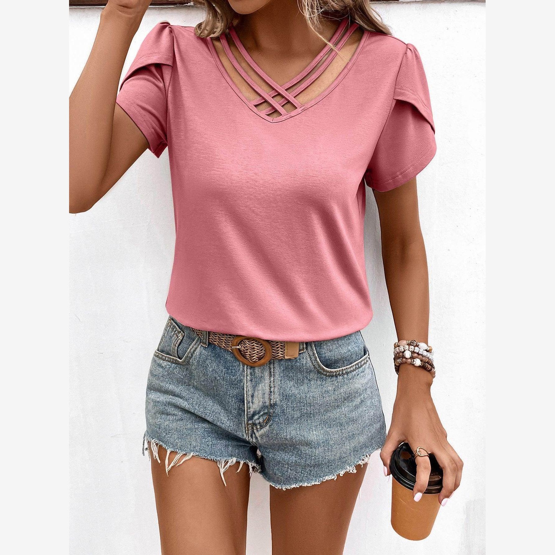 Trendsi women's casual v-neck vacation shirt in pink with stylish cross strap detail