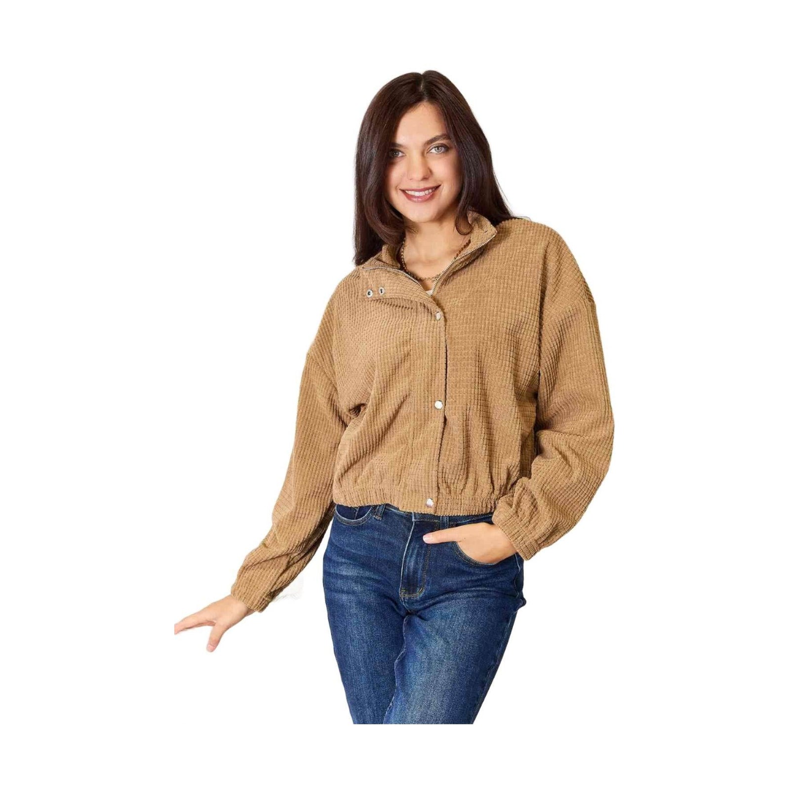 Trendsi Women's Casual Vacation Jacket in Tan with Button Closure and Elastic Waist for Stylish Comfort