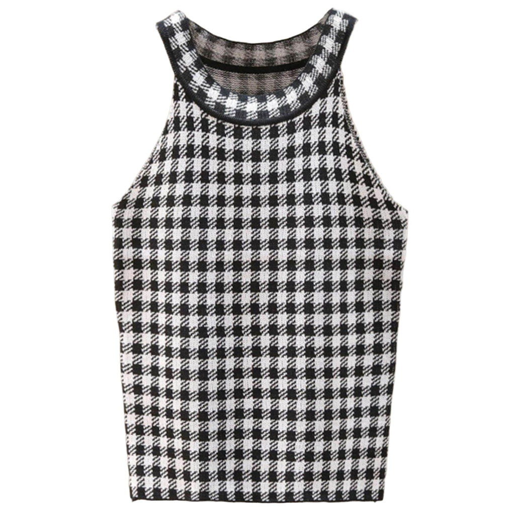 Trendsi Women's Casual Vacation Knitwear Tank Top in Black and White Checkered Pattern