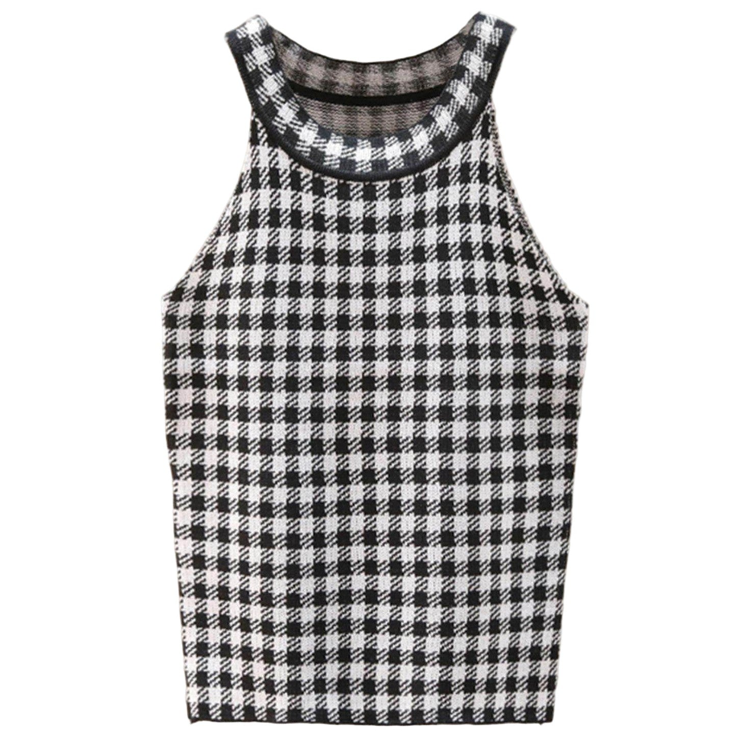 Trendsi Women's Casual Vacation Knitwear Tank Top in Black and White Checkered Pattern