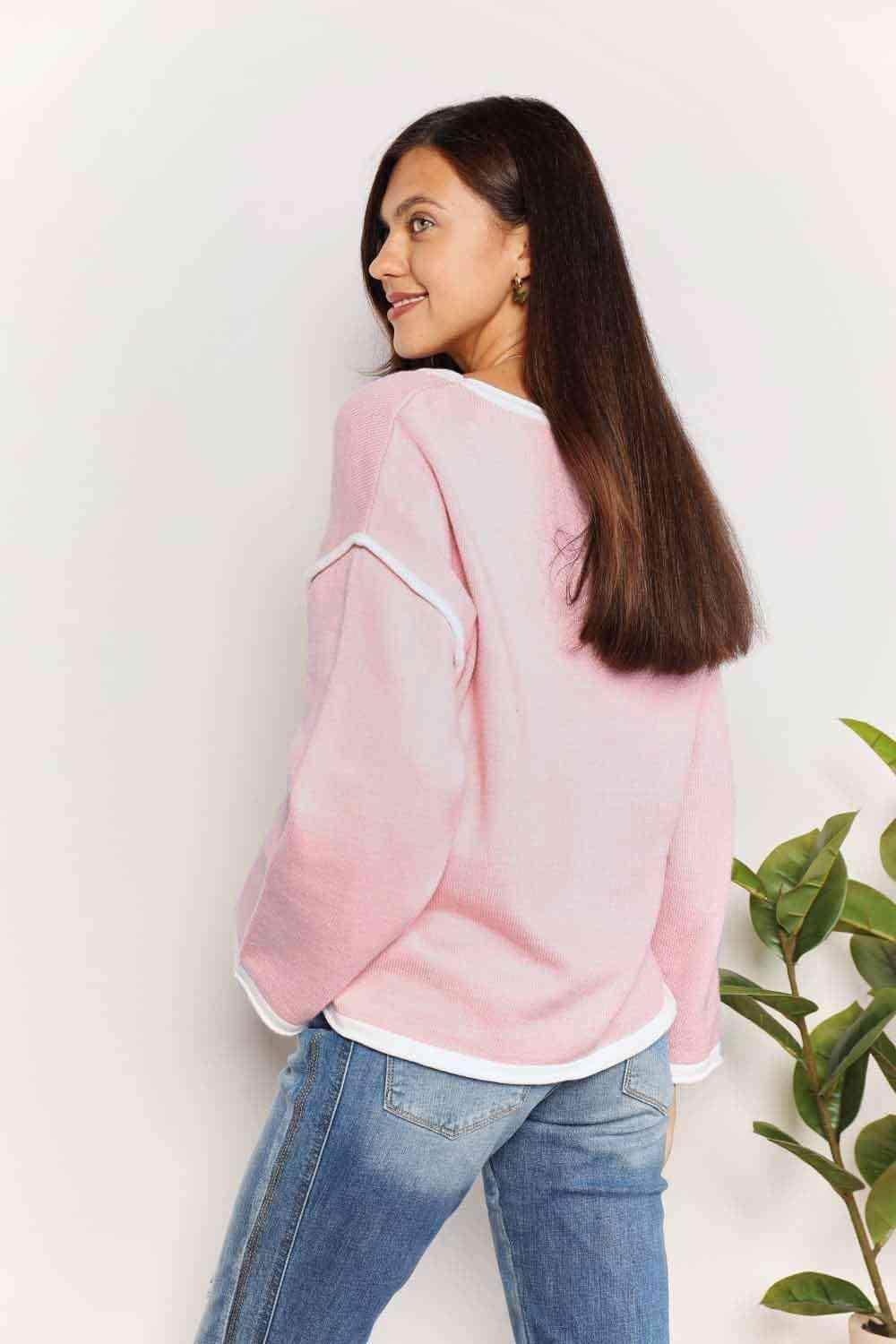 Trendsi Women's Casual Vacation Knitwear Shirt in Pink with Relaxed Fit and Contrast Trim