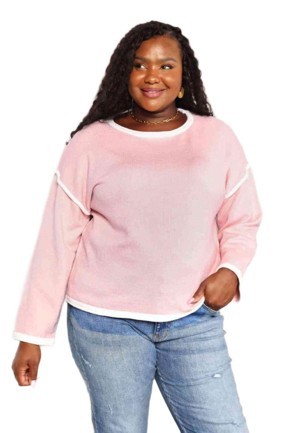 Trendsi Women's Casual Vacation Knitwear in Pink with White Trim for Comfortable Style
