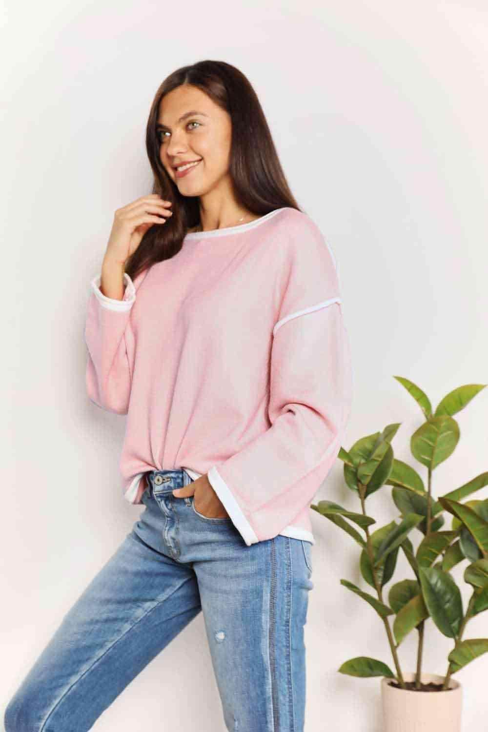 Trendsi Women's Pink Casual Vacation Knitwear with White Trim for Comfortable Style