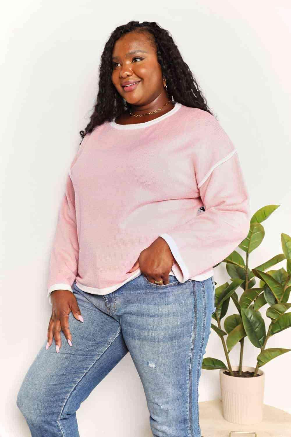 Trendsi Women's Pink Casual Vacation Knitwear Top with White Trim for Relaxed Style