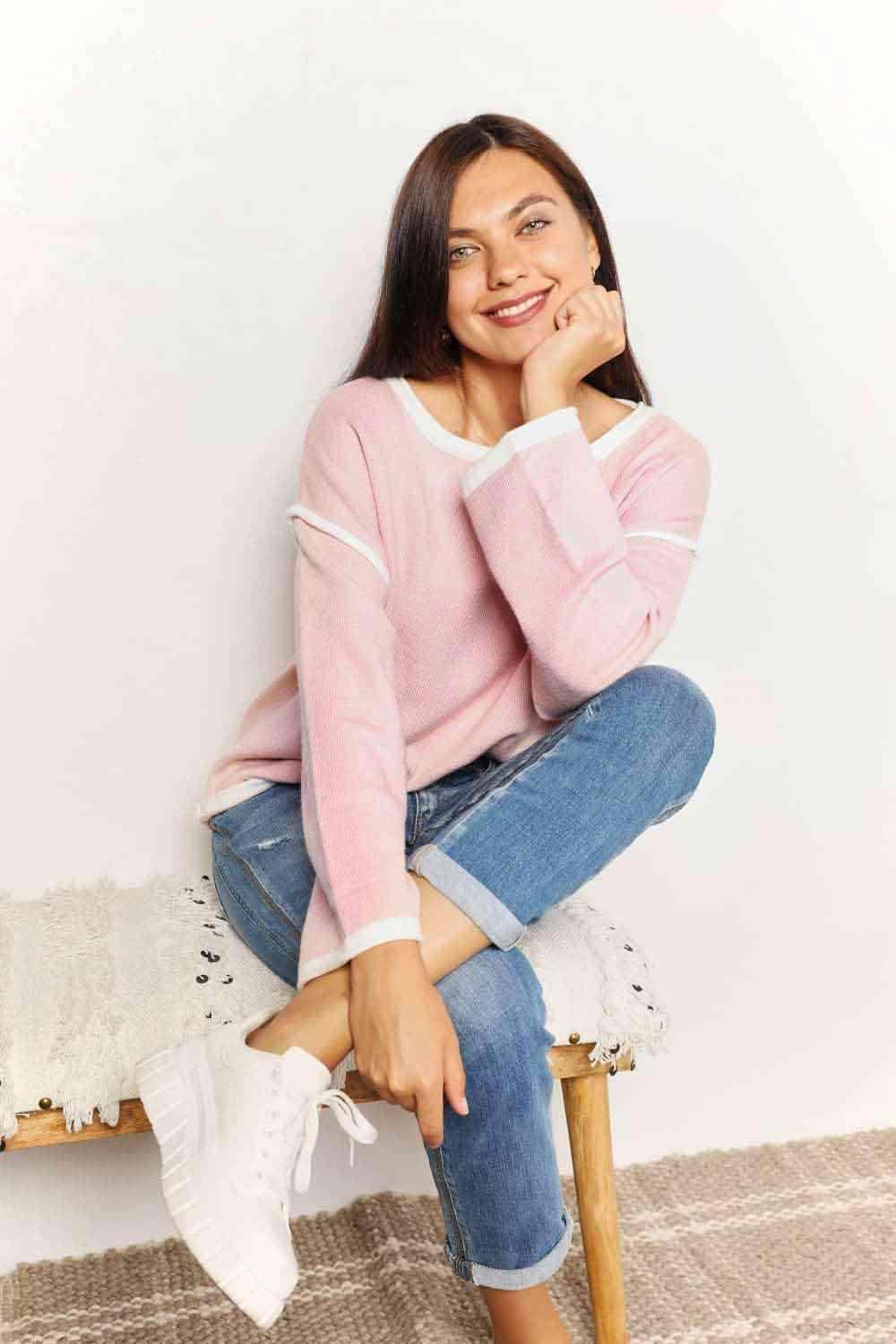 Trendsi Women's Casual Vacation Knitwear in Pink with White Trim for Comfortable Summer Style
