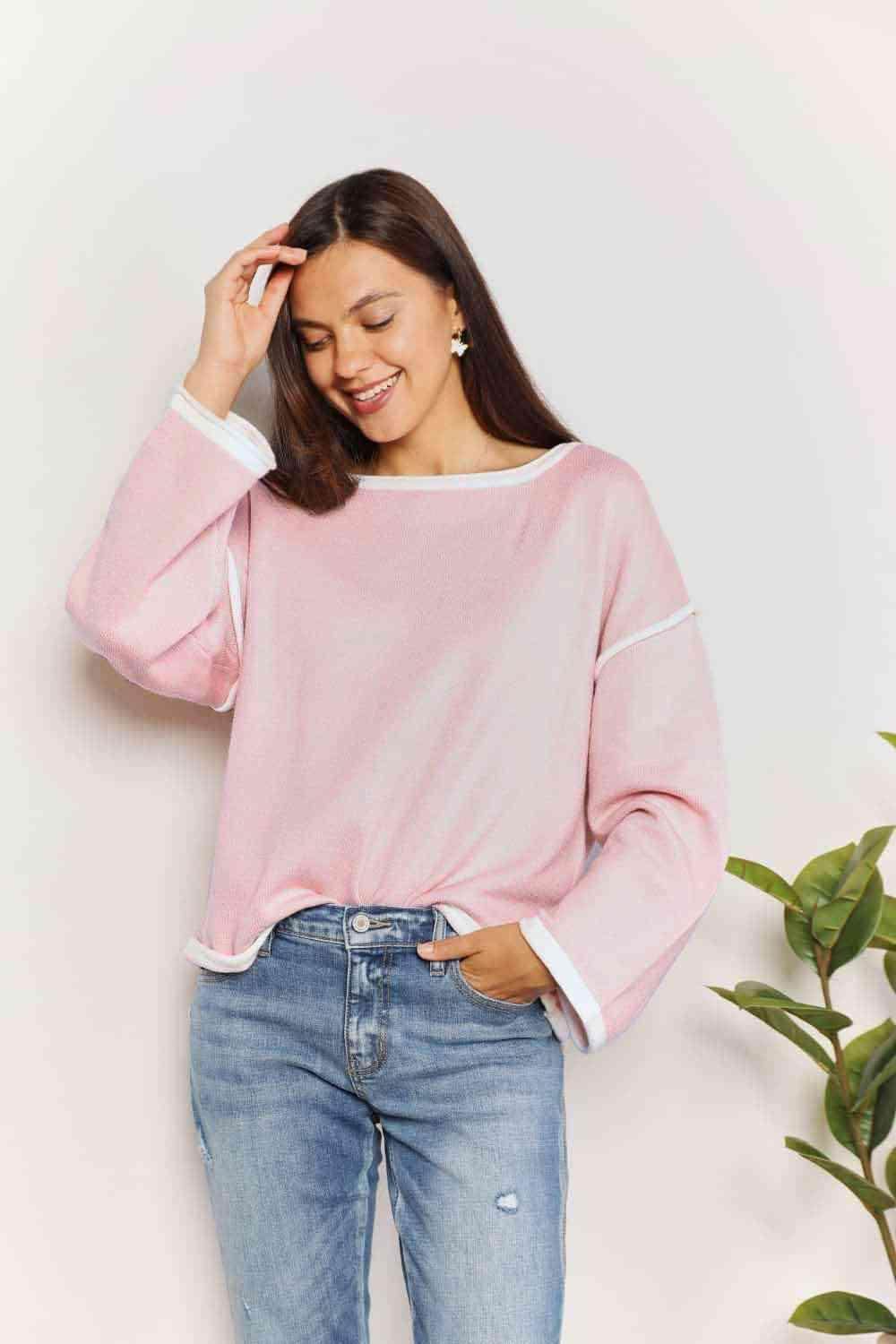 Trendsi Women's Casual Vacation Knitwear in Pink with White Trim for Relaxed Style