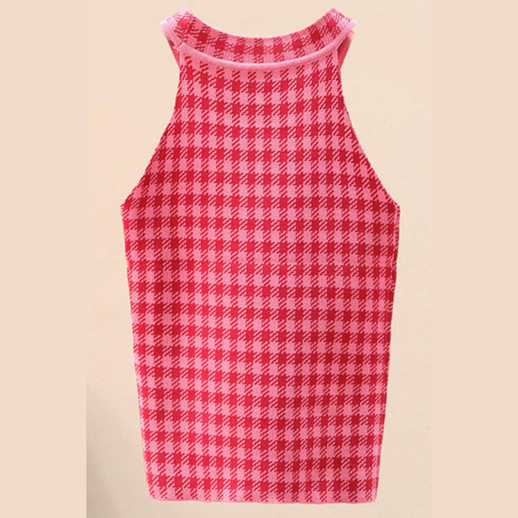 Trendsi Women's Casual Vacation Knitwear in Red Checkered Pattern for Comfortable Summer Outfits