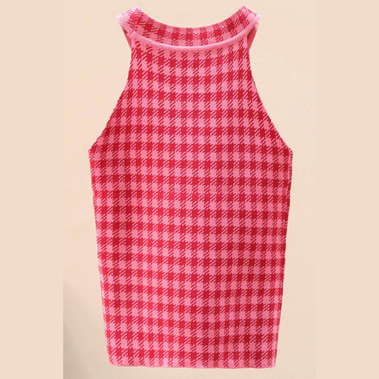 Trendsi Women's Casual Vacation Knitwear in Red Checkered Pattern for Comfortable Summer Outfits