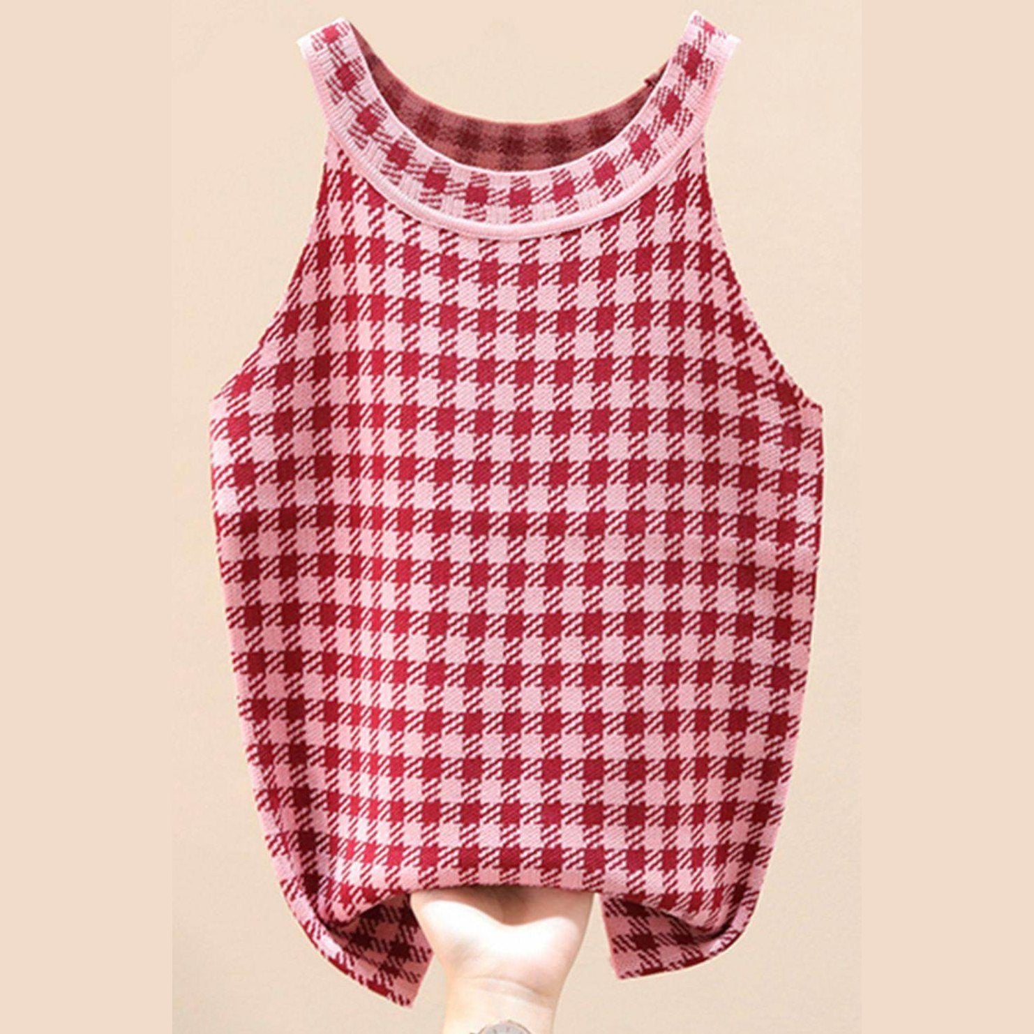Trendsi Women's Casual Vacation Knitwear in Pink and Red Checkered Pattern for Relaxed Summer Outfits