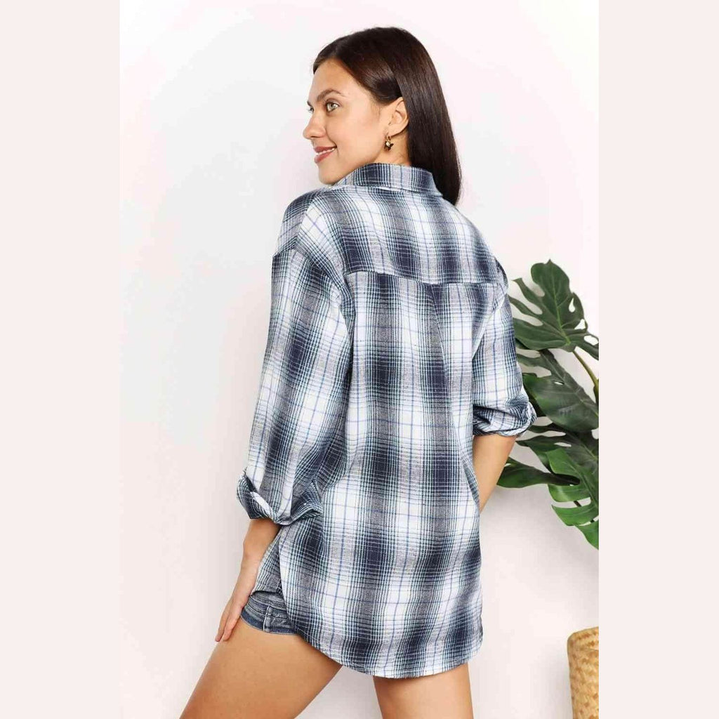 Back view of a Trendsi women's casual vacation shirt in plaid pattern, perfect for summer outings