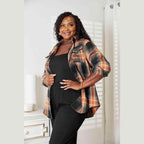 Plus size women's casual vacation shirt in plaid design, perfect for relaxed outings and travel