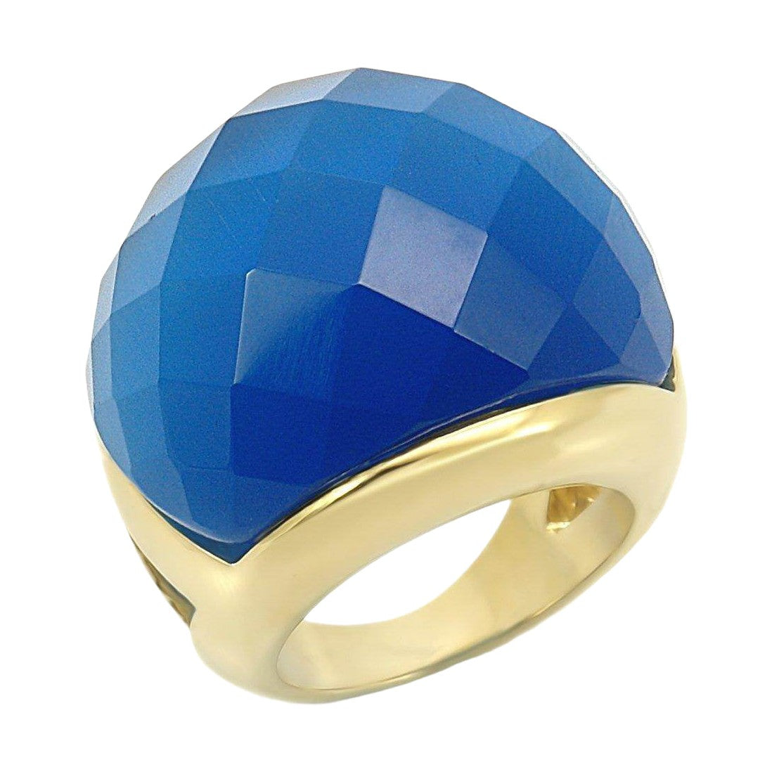 Cat eye gemstone ring for women with a blue faceted design and gold-plated band