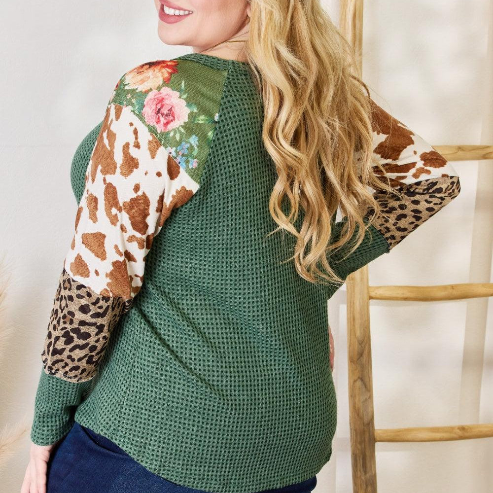 Women's Shirts Hailey & Co Full Size Waffle-Knit Leopard Blouse