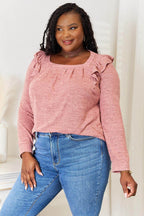 Double Take Square Neck Ruffle Shoulder Long Sleeve T-Shirt - VacationGrabs