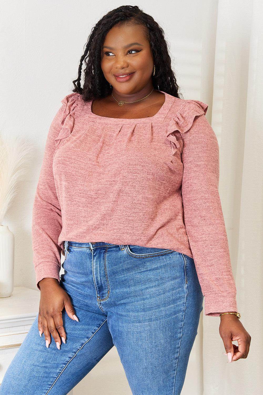 Double Take Square Neck Ruffle Shoulder Long Sleeve T-Shirt - VacationGrabs