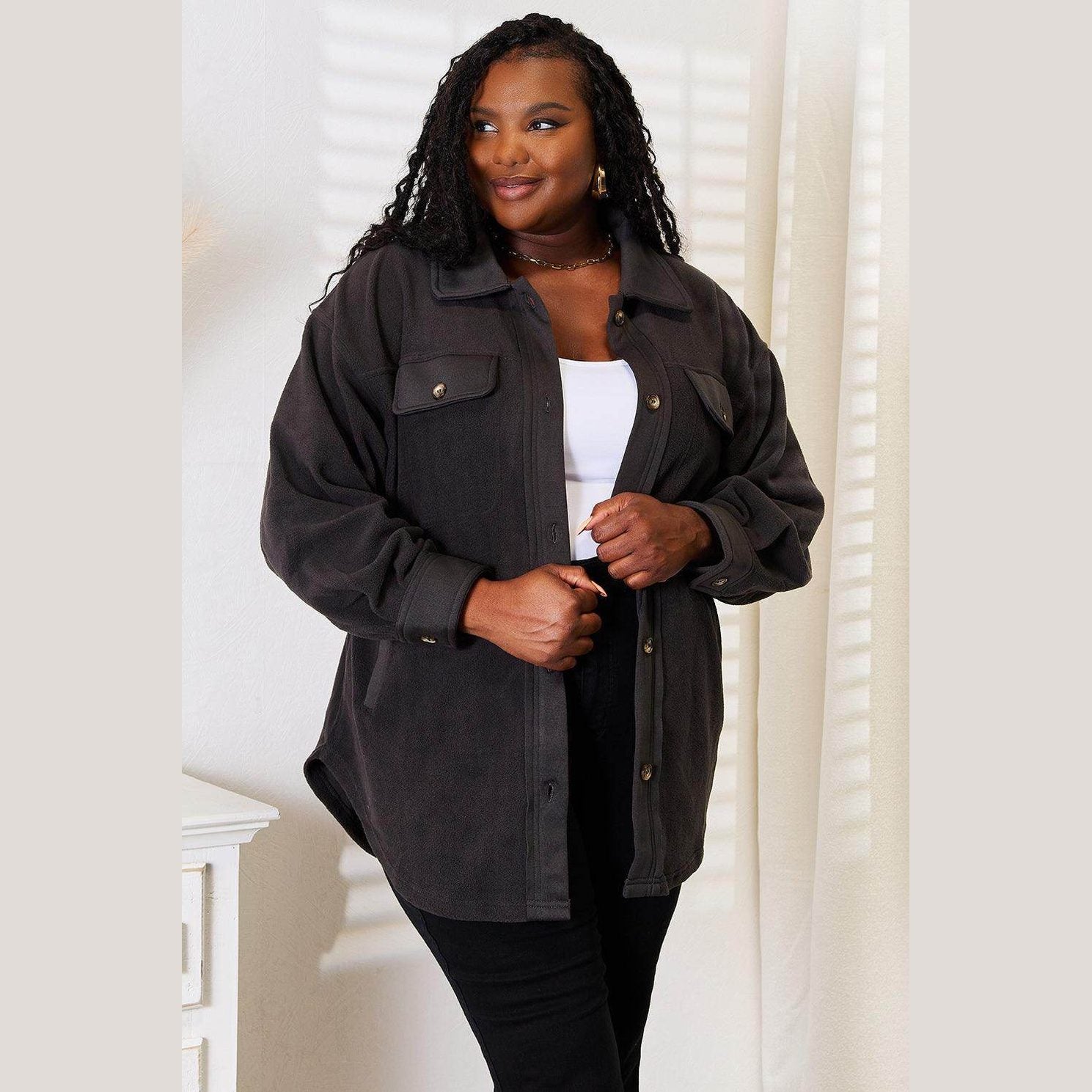 Heimish Cozy Girl Full Size Button Down Shacket - VacationGrabs
