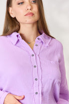 Women's Shirts Zenana Full Size Texture Button Up Raw Hem Long Sleeve Shirt