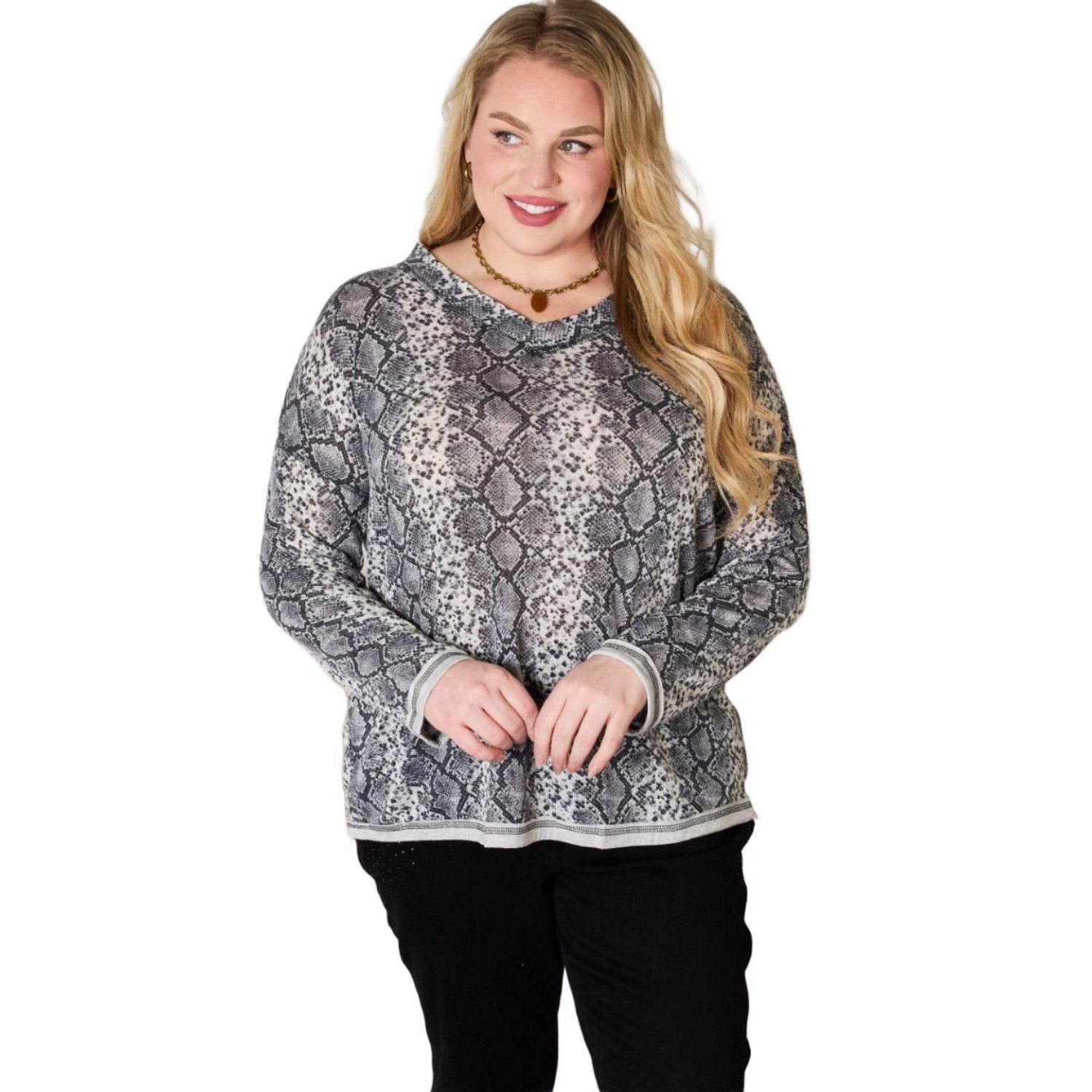 Hailey & Co Full Size Snakeskin V-Neck Long Sleeve Top - VacationGrabs