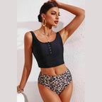 Half Snap Square Neck Tankini Set - VacationGrabs