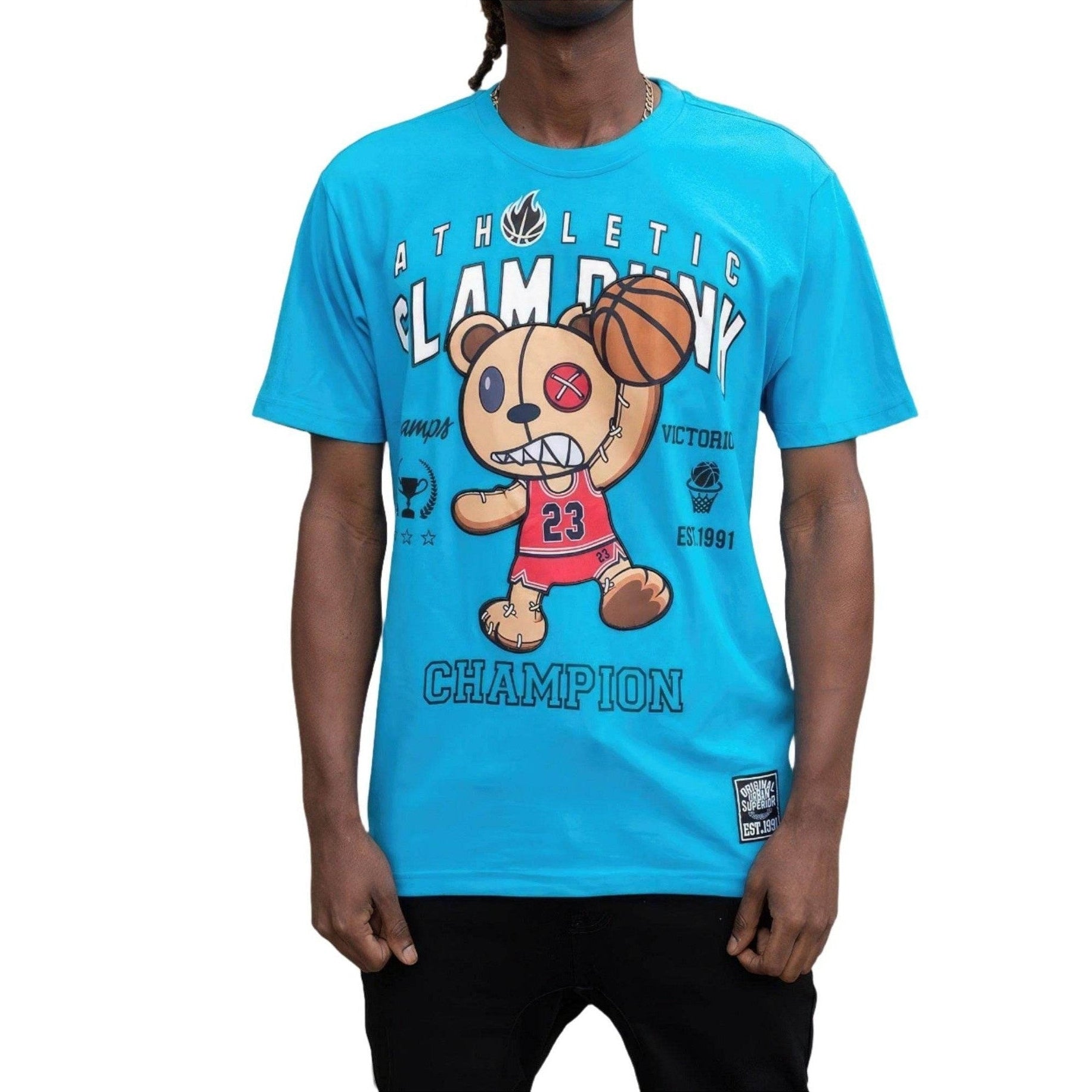 Men's VacationGrabs Basketball Graphic Tee in blue with fun cartoon bear and basketball design