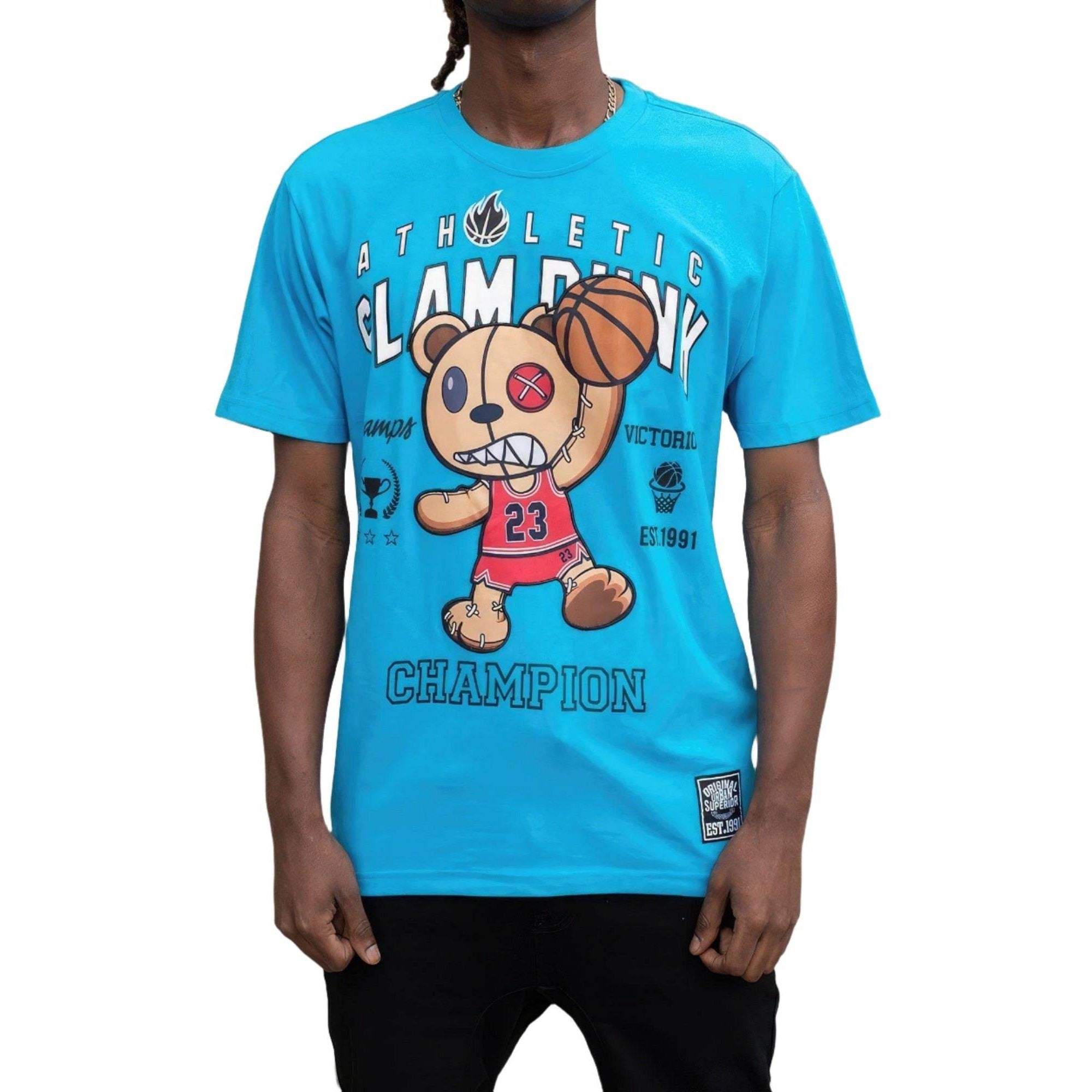 Men's VacationGrabs Basketball Graphic Tee in blue with fun cartoon bear and basketball design