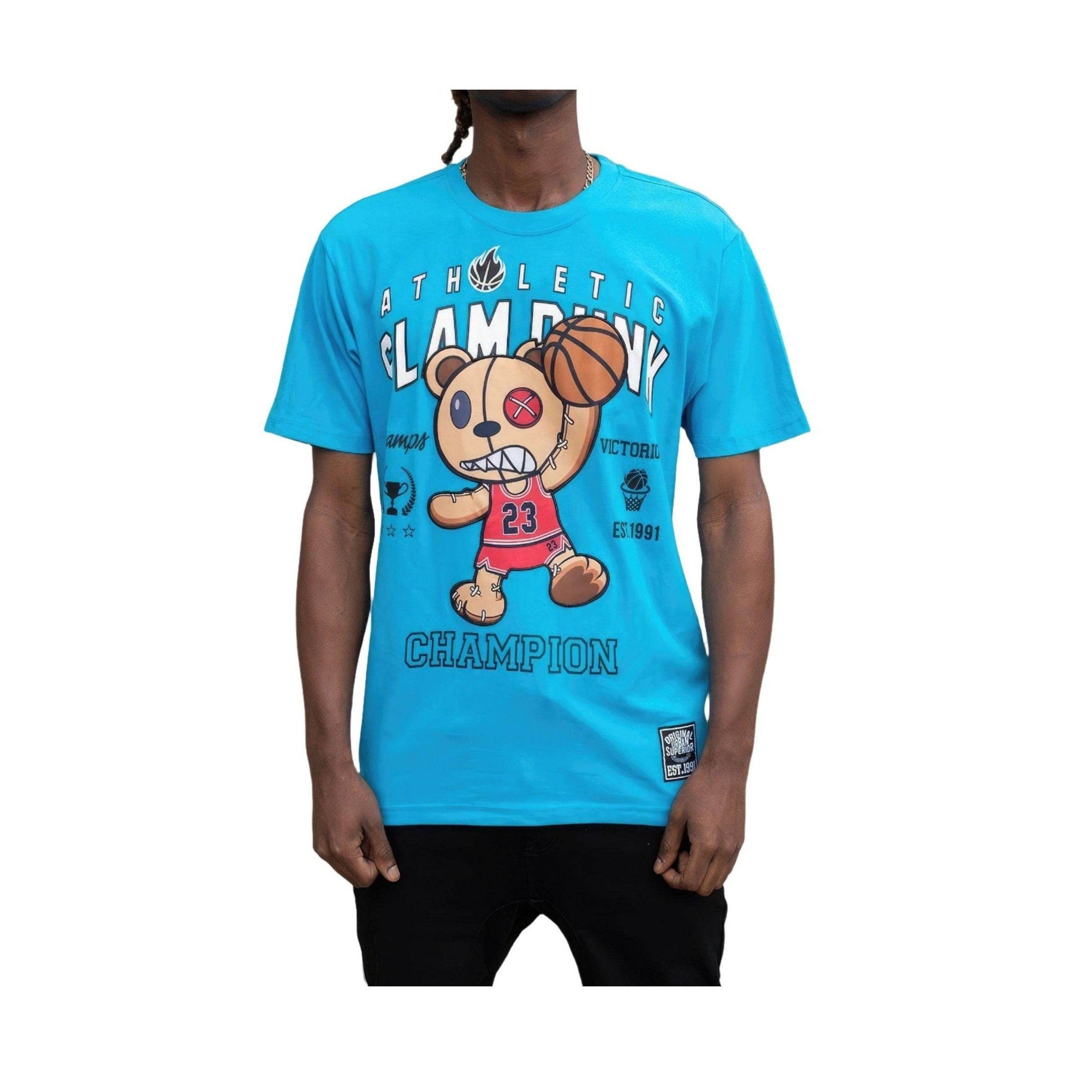 Men's VacationGrabs Basketball Graphic Tee in blue with fun cartoon bear and basketball design