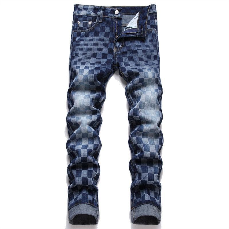 Men's Pants - Jeans Checker Plaid Printed Stretch Denim Jeans ...