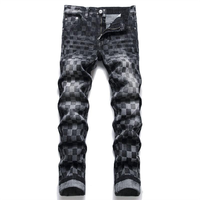 Men's Pants - Jeans Checker Plaid Printed Stretch Denim Jeans Streetwear For Men