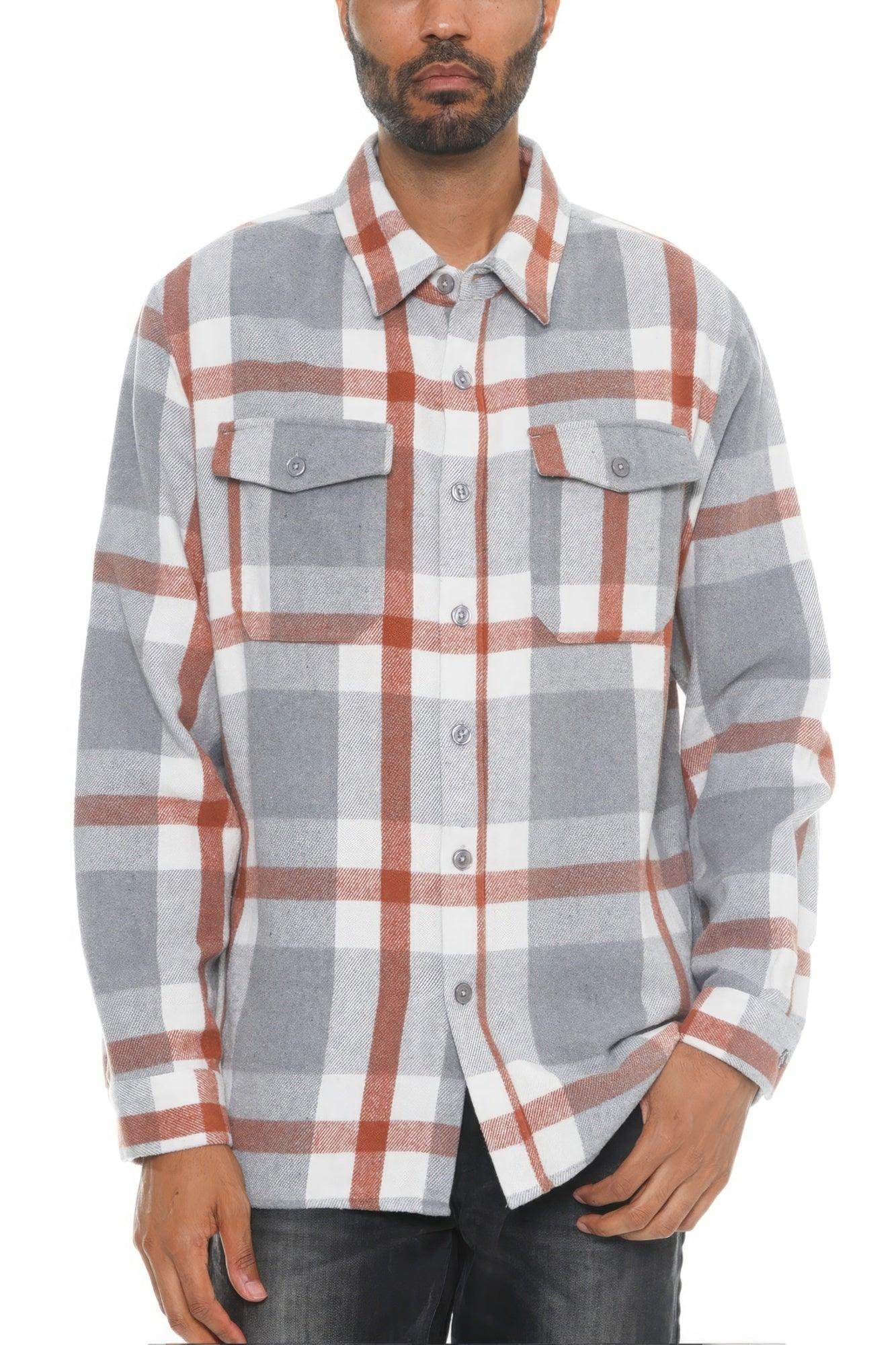 Men's checkered flannel shirt jacket from VacationGrabs in gray and rust colors with button-up design