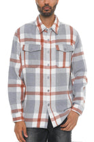 Men's checkered flannel shirt jacket from VacationGrabs in gray and rust colors with button-up design