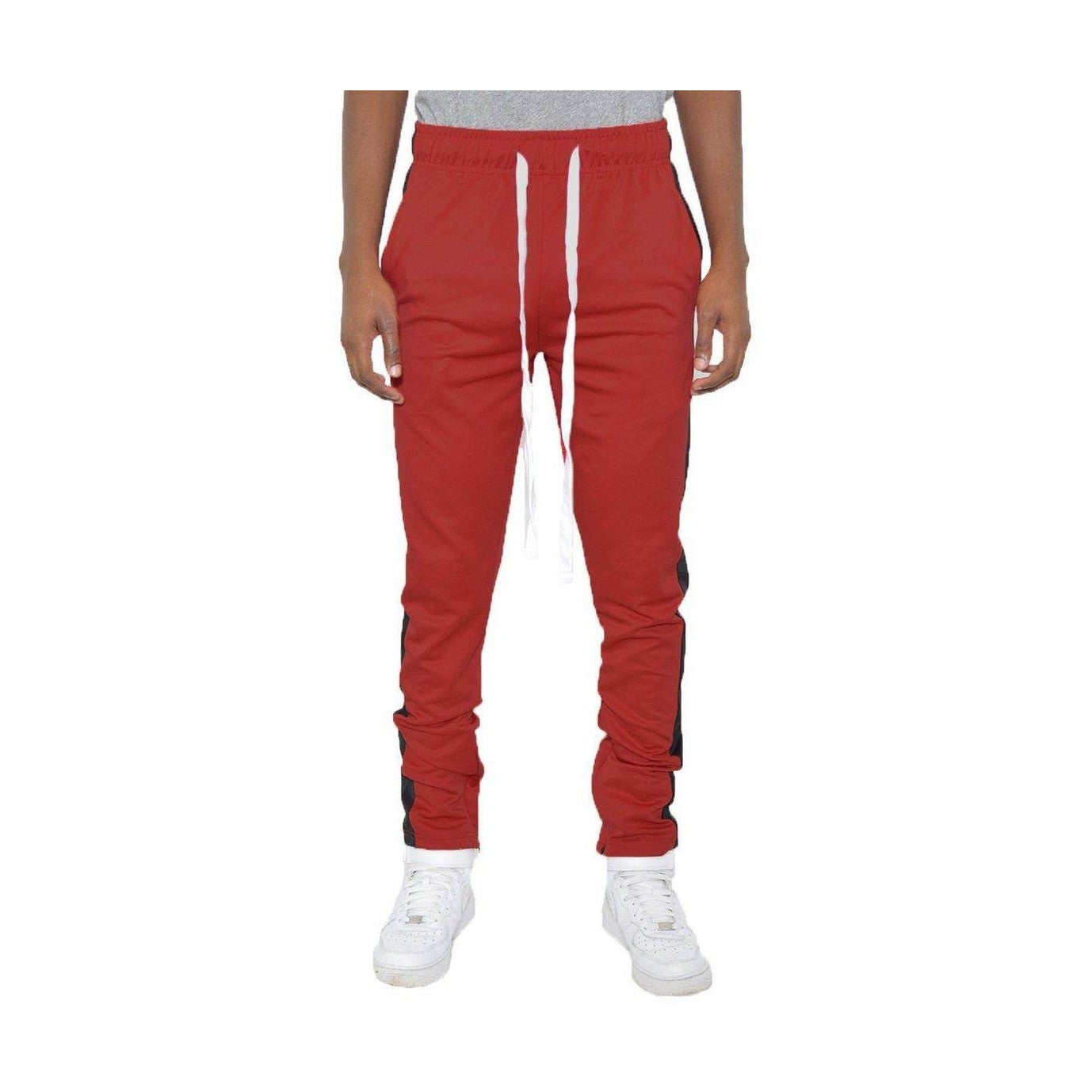 WEIV Men's Classic Track Pants for Men in Red with Side Stripes and Adjustable Drawstring