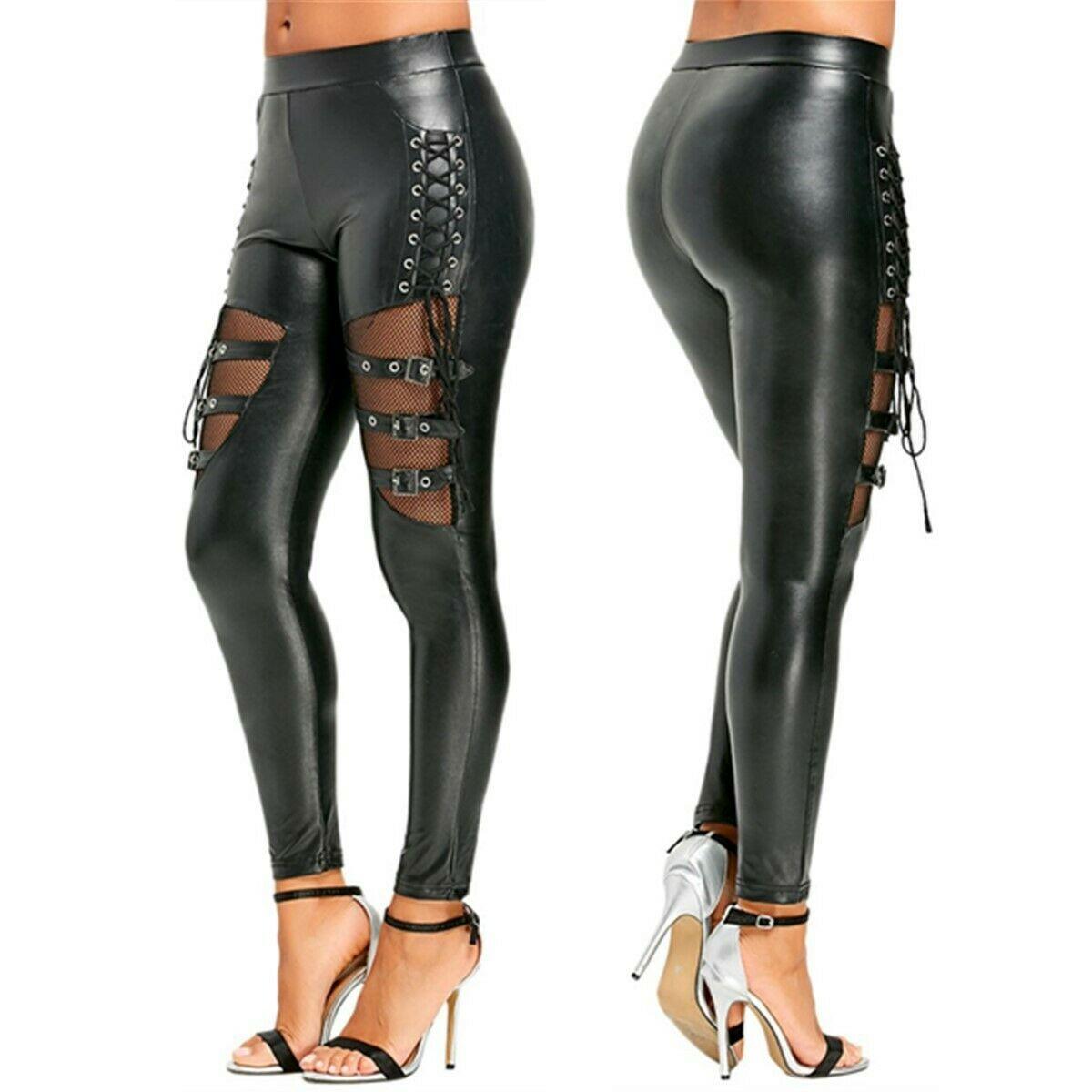 Women's Clubwear Clubwear Women Pu Leather Pants Wetlook Lace Pants
