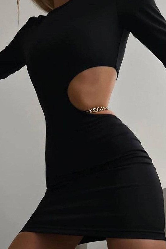 Women's Clubwear Clubwear Womens Hollow Mini Dress Black Long Sleeve Slim Dress