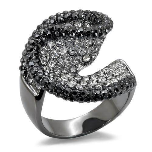 Cobalt black brass fashion ring with sparkling black and clear crystals for a trendy look