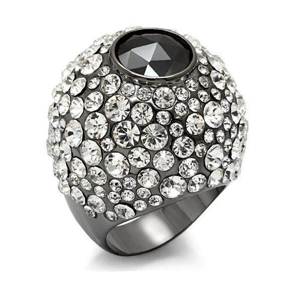 Cobalt black brass fashion ring adorned with sparkling crystals for a bold statement look