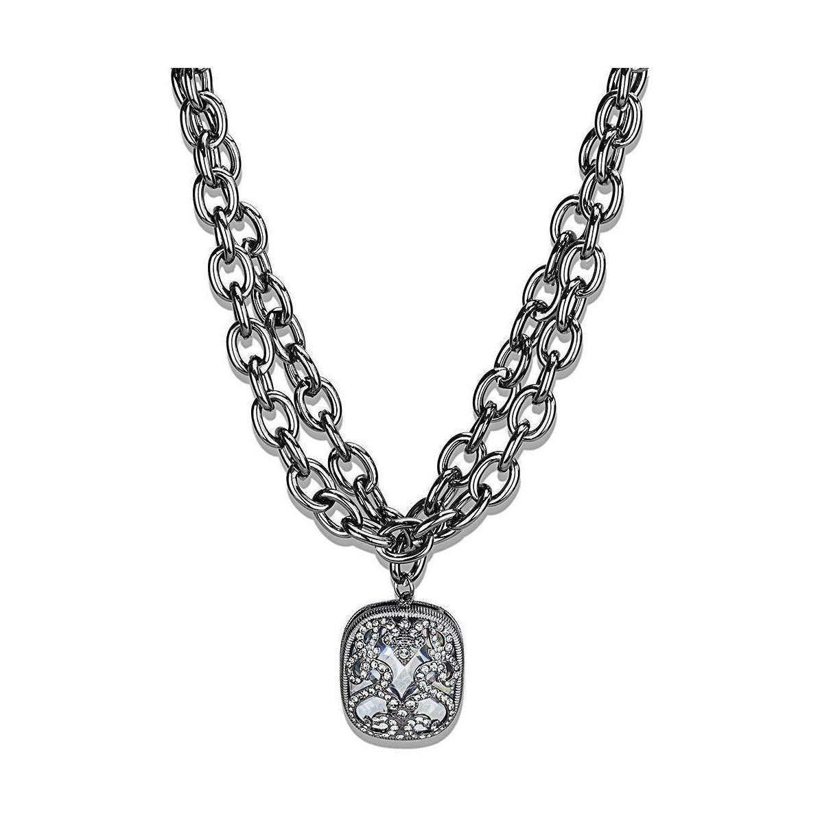 Cobalt black brass necklace featuring a dual chain design and decorative pendant for a stylish look