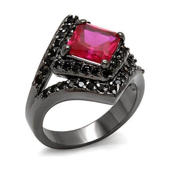 Elegant cobalt black gemstone ring featuring a large pink stone surrounded by black accents