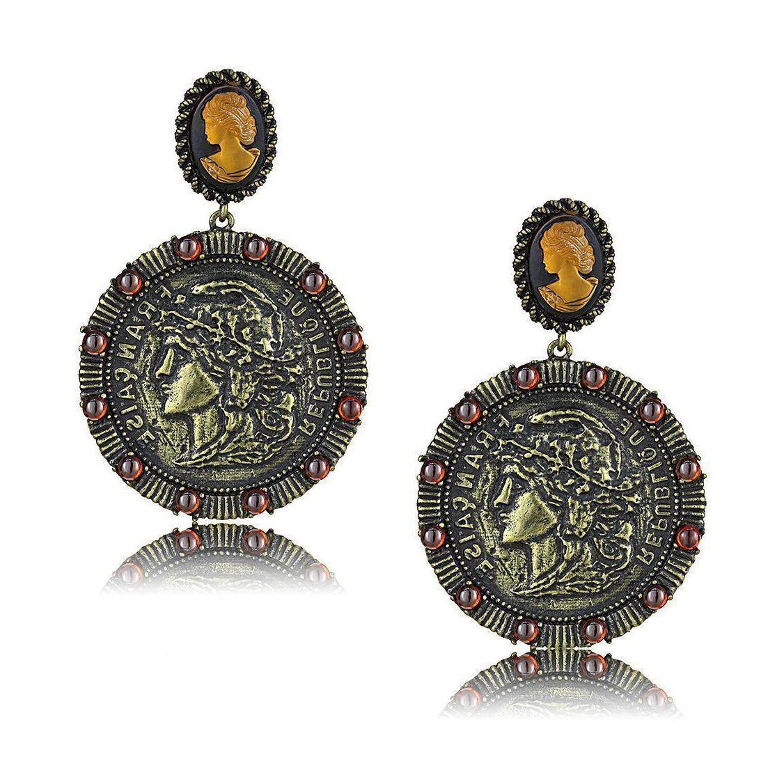 Vintage coin design dangle earrings for women with intricate detailing and colorful accents